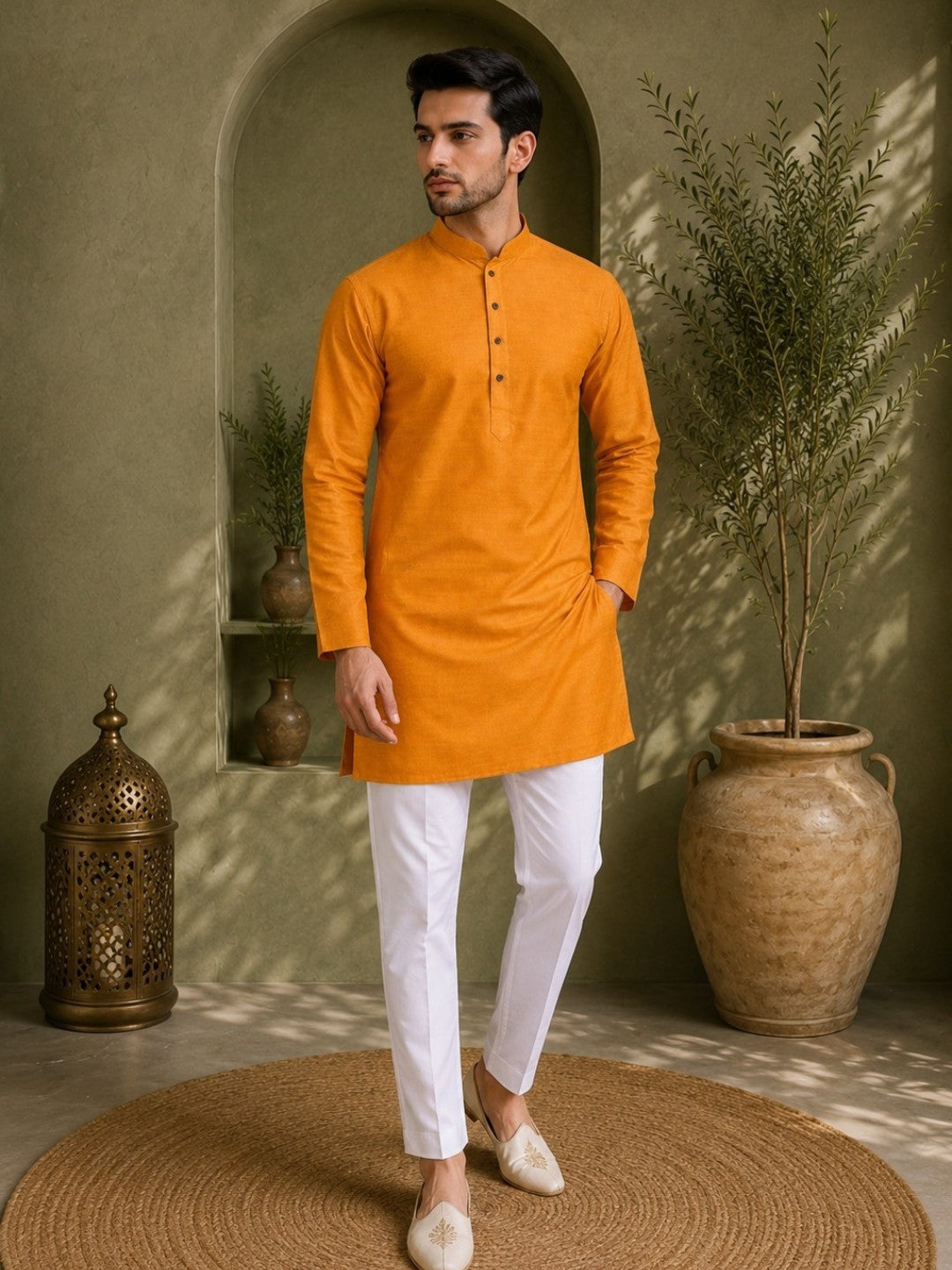 Tattva Men Saffron-Toned Applique Mandarin Collar Kurta