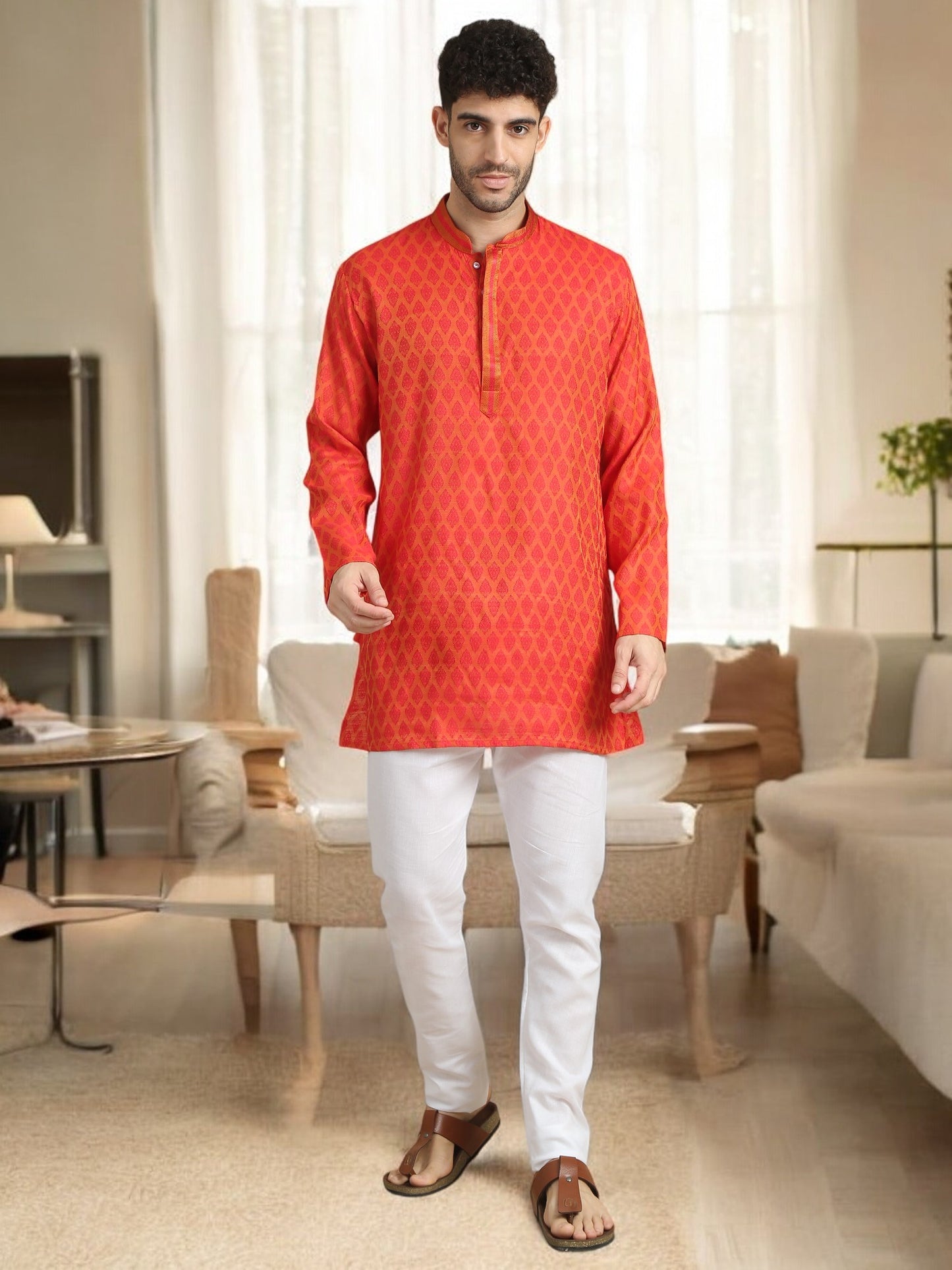 Tattva Men Woven Design Cotton Blend Straight Kurta