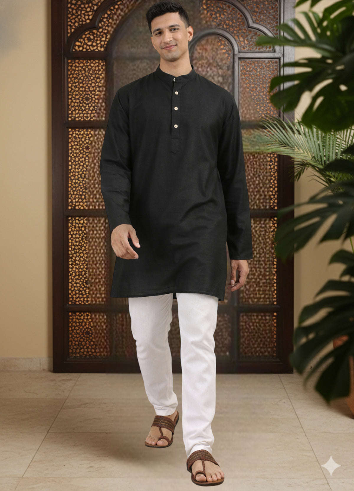 Tattva Men Solid Pure Cotton Short Kurta with Mandarin Collar
