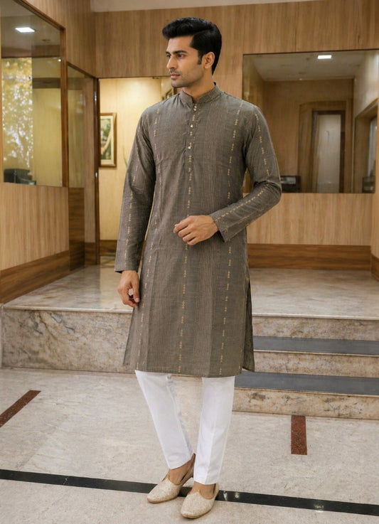 Tattva Men Coffee Brown Embroidered Cotton Silk Kurta with Pyjamas