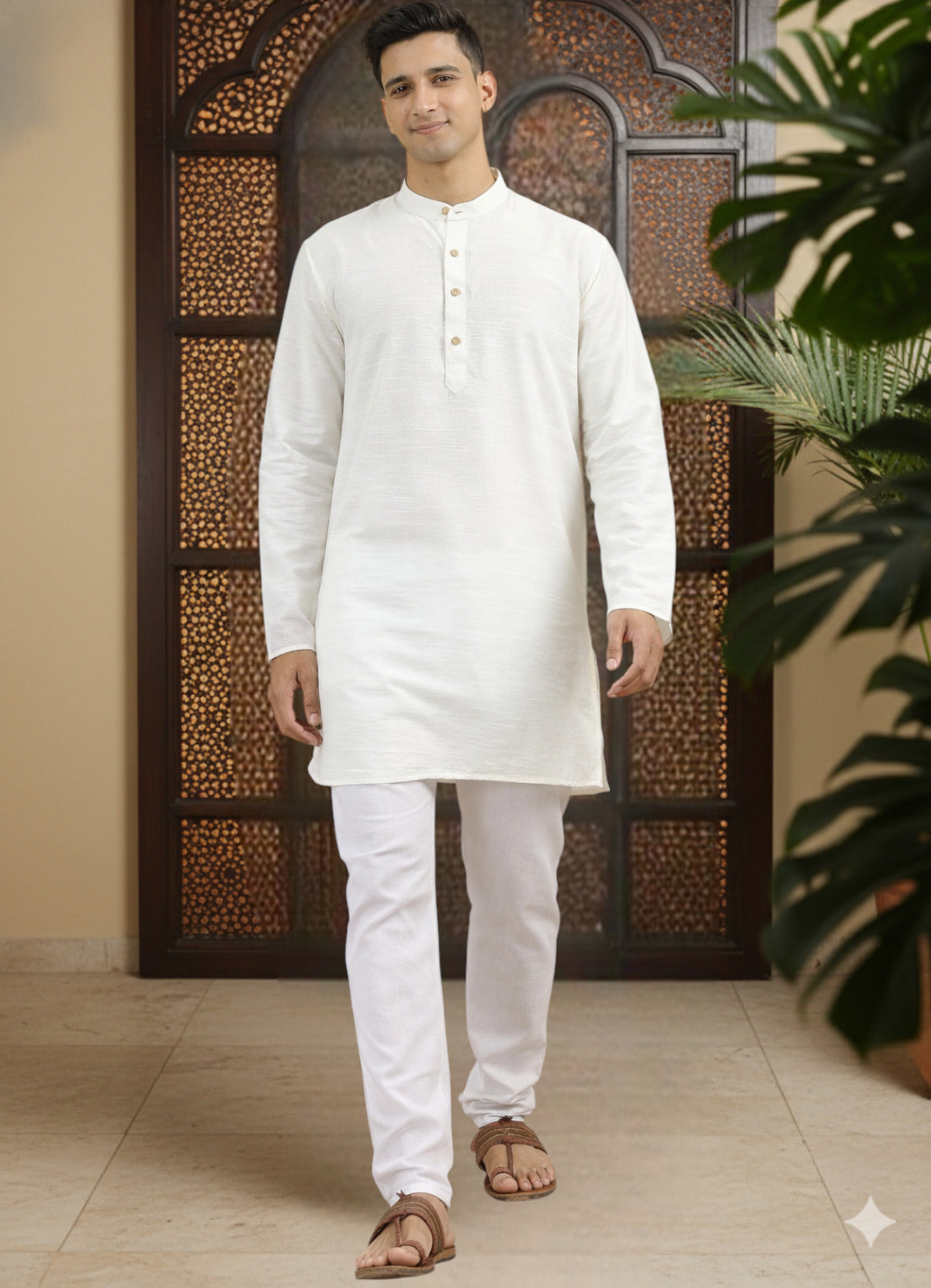 Tattva Men Solid Pure Cotton Short Kurta with Mandarin Collar