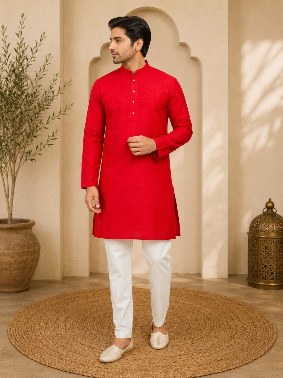 Tattva Red Toned Embroidered Cotton Short Kurta