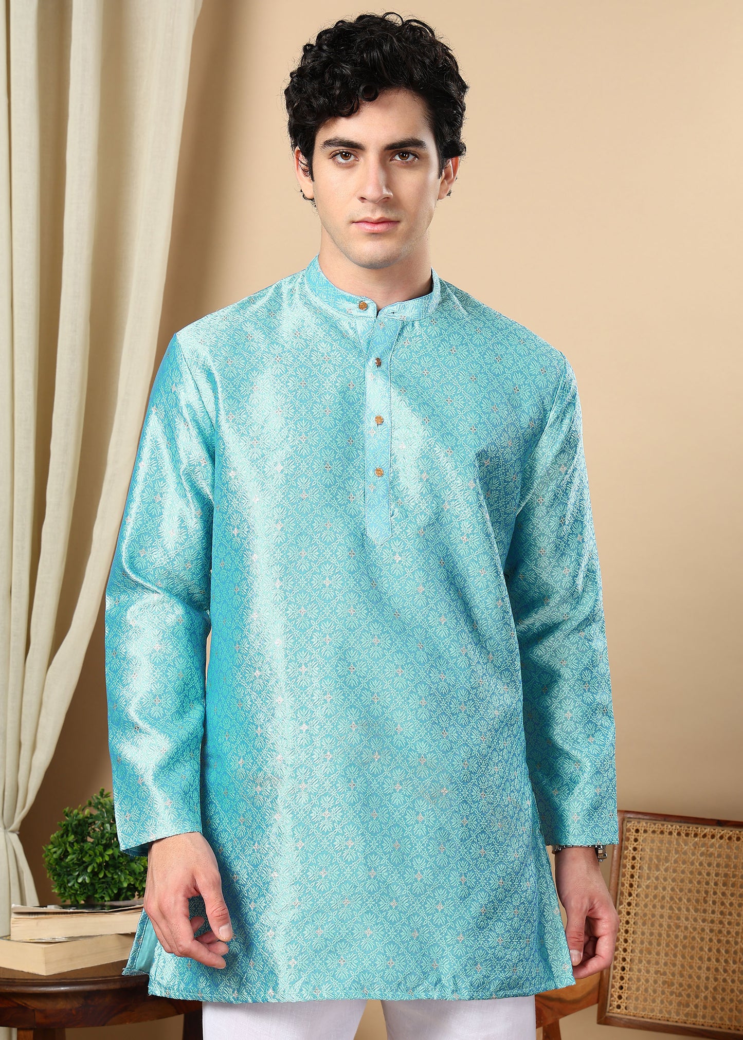 Tattva Turquoise Toned Woven Design Short Kurta