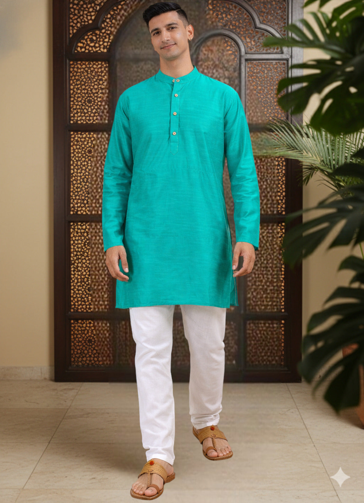 Tattva Men Solid Pure Cotton Short Kurta with Mandarin Collar