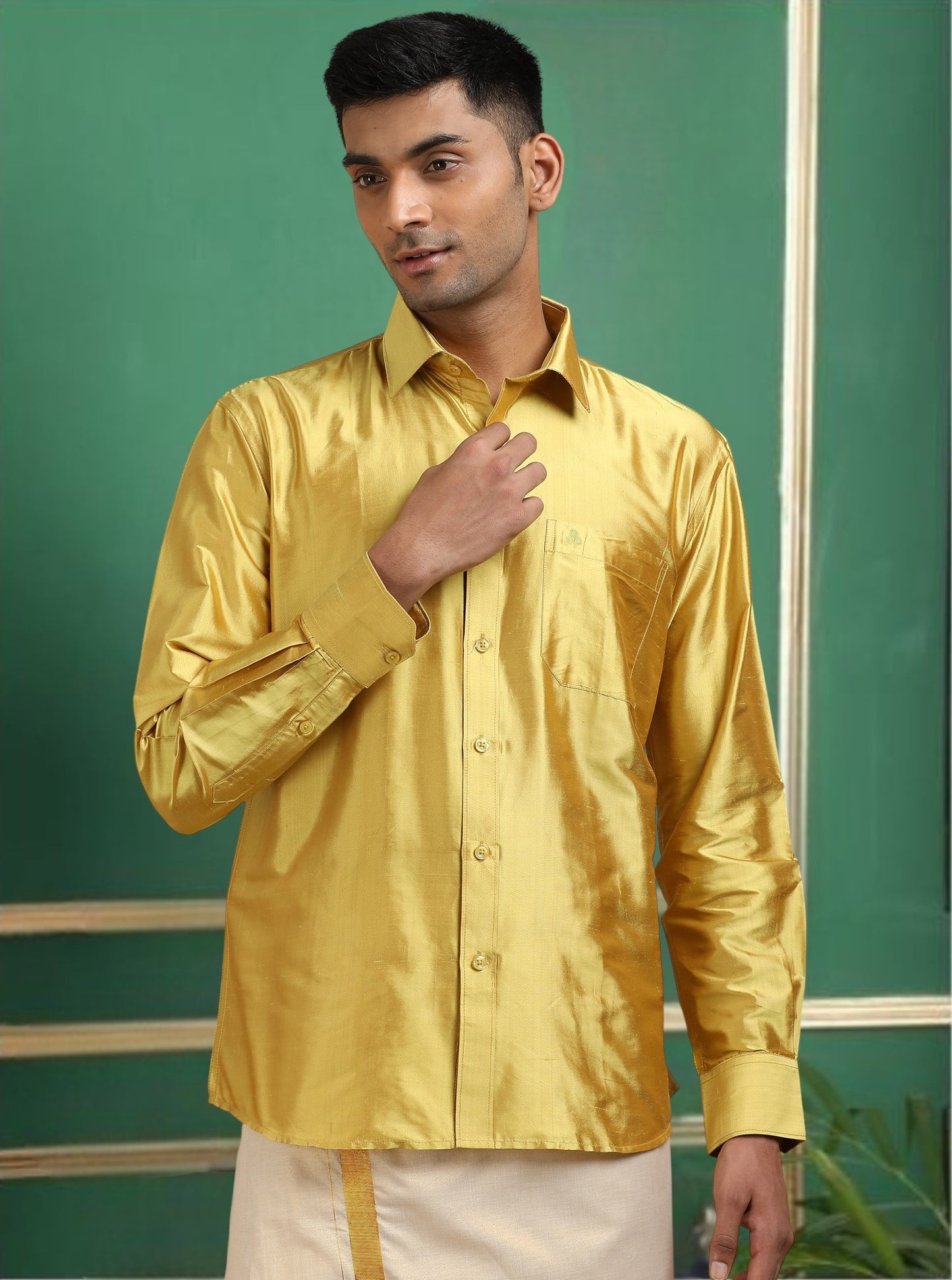 Tattva Men Green Gold Toned Pure Silk Shirt