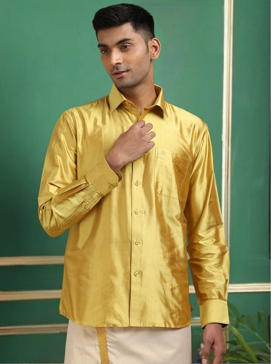 Tattva Men Green Gold Toned Pure Silk Shirt