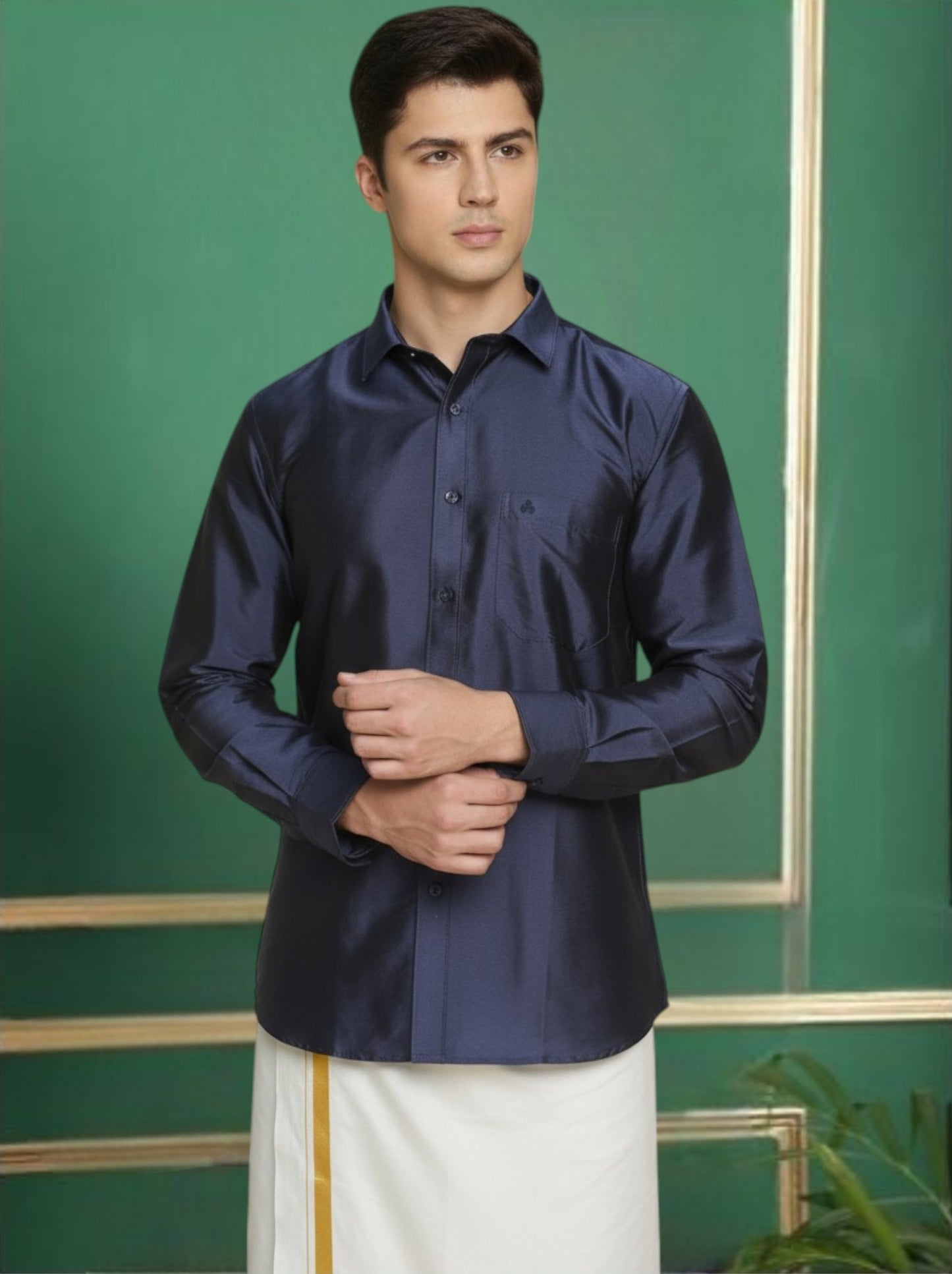 Tattva Men Navy Blue Slim Fit Solid Party Shirt