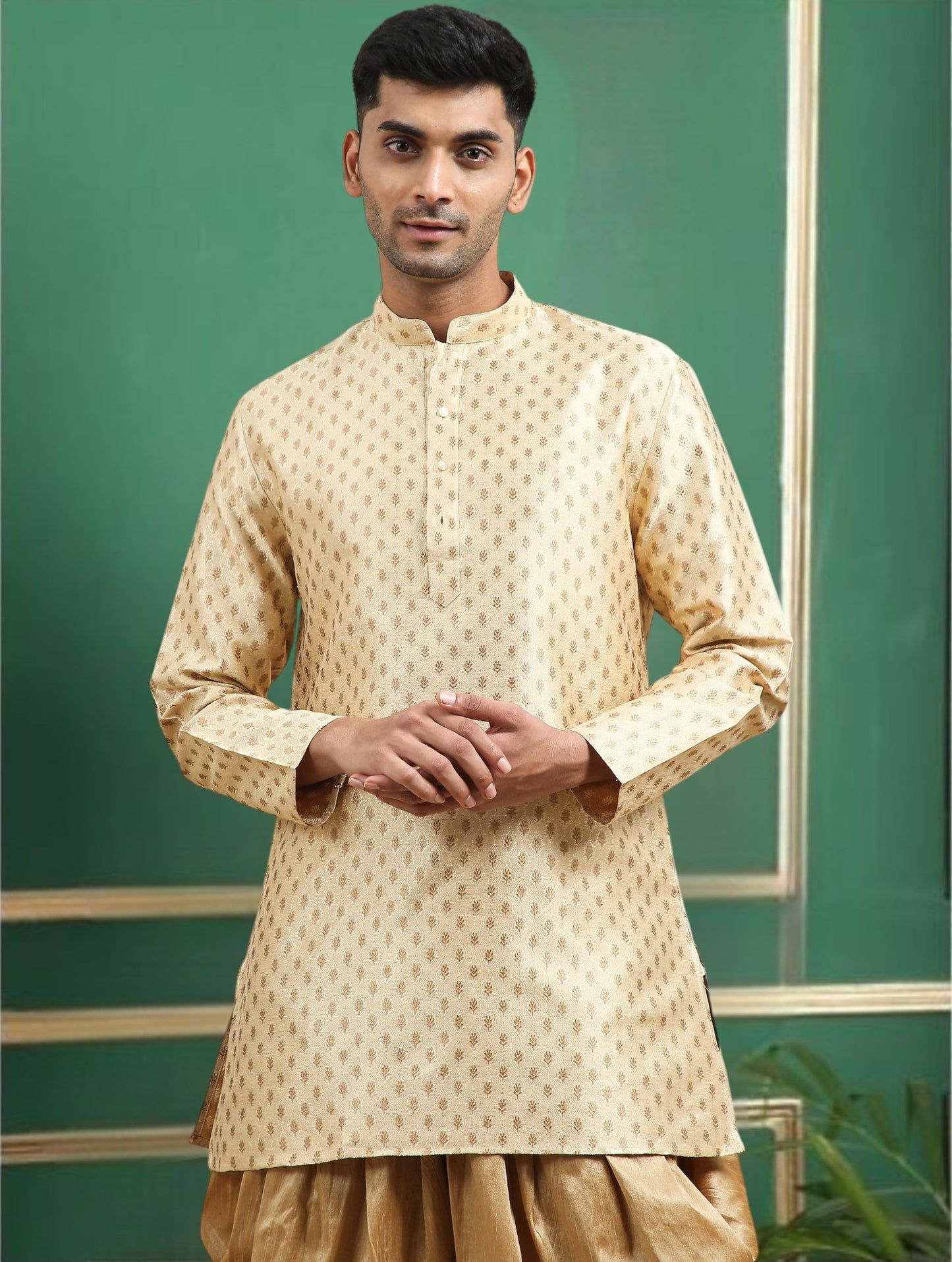 Tattva Gold Toned jaquard Polyster Short Kurta