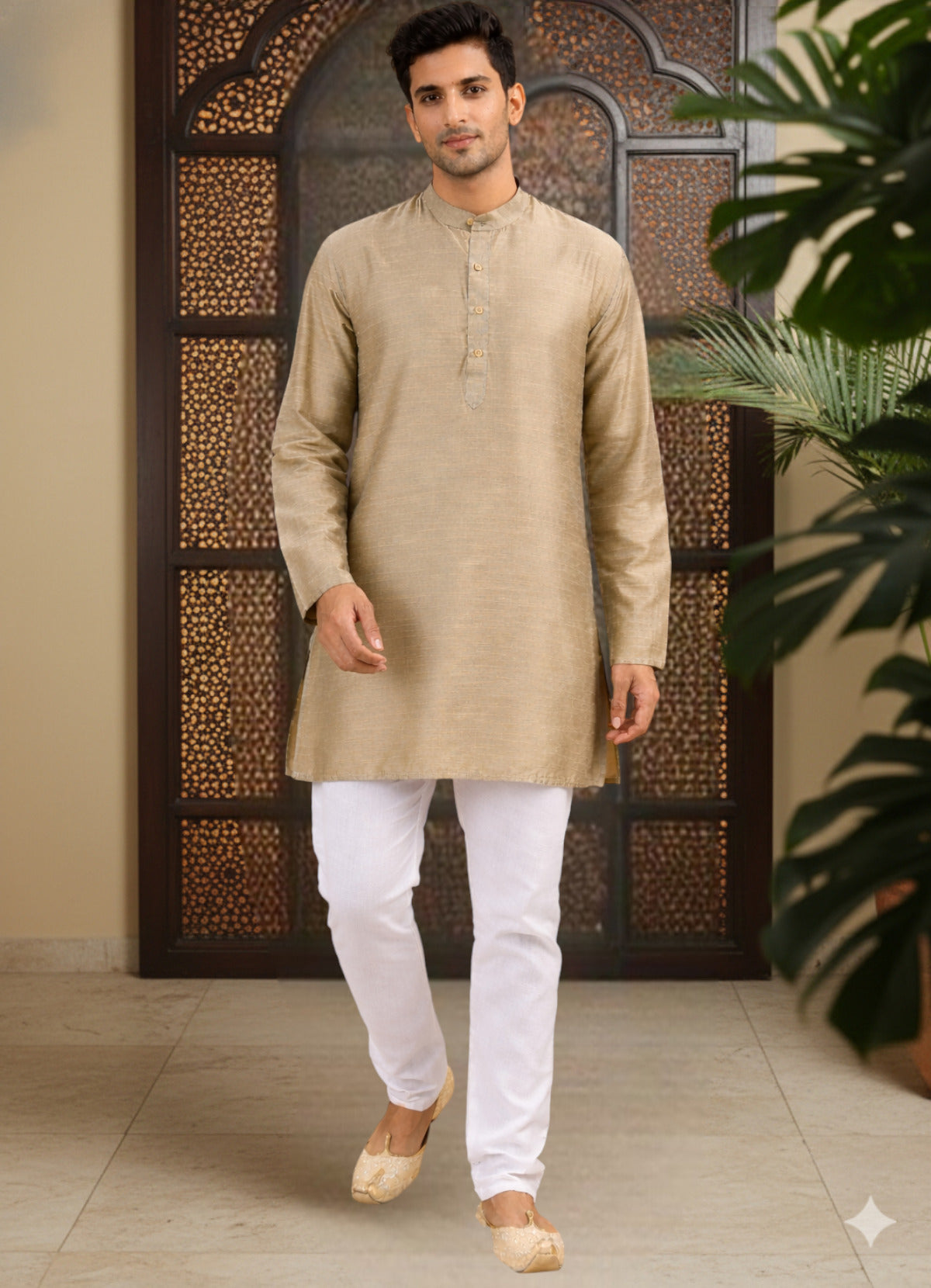Tattva Men Solid Pure Cotton Short Kurta with Mandarin Collar