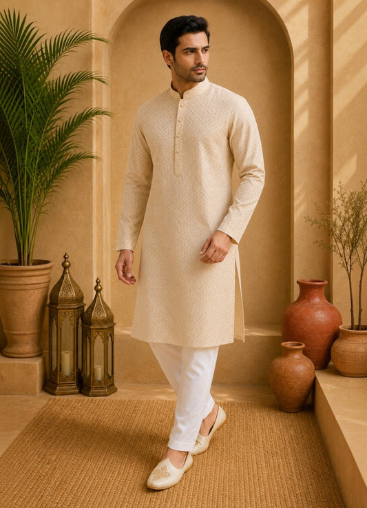 Tattva Men Beige Floral Woven Design Kurta Pyjama