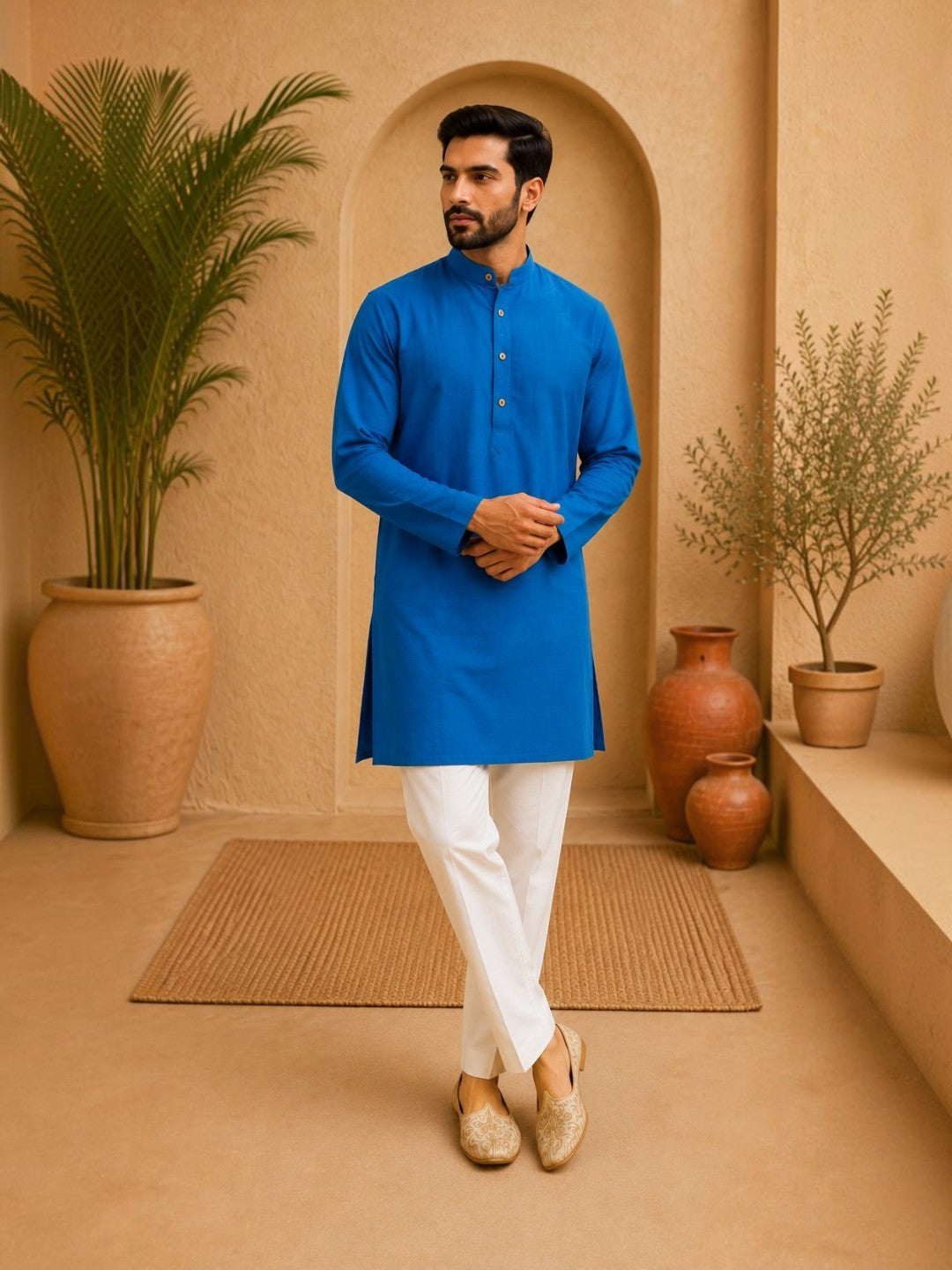 Tattva Men Solid Pure Cotton Short Kurta with Mandarin Collar