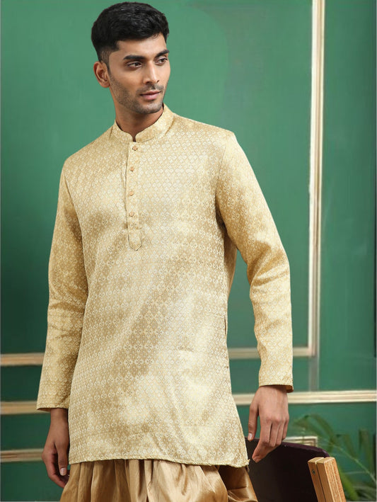 Tattva Beige Toned Woven Design Cotton Short Kurta