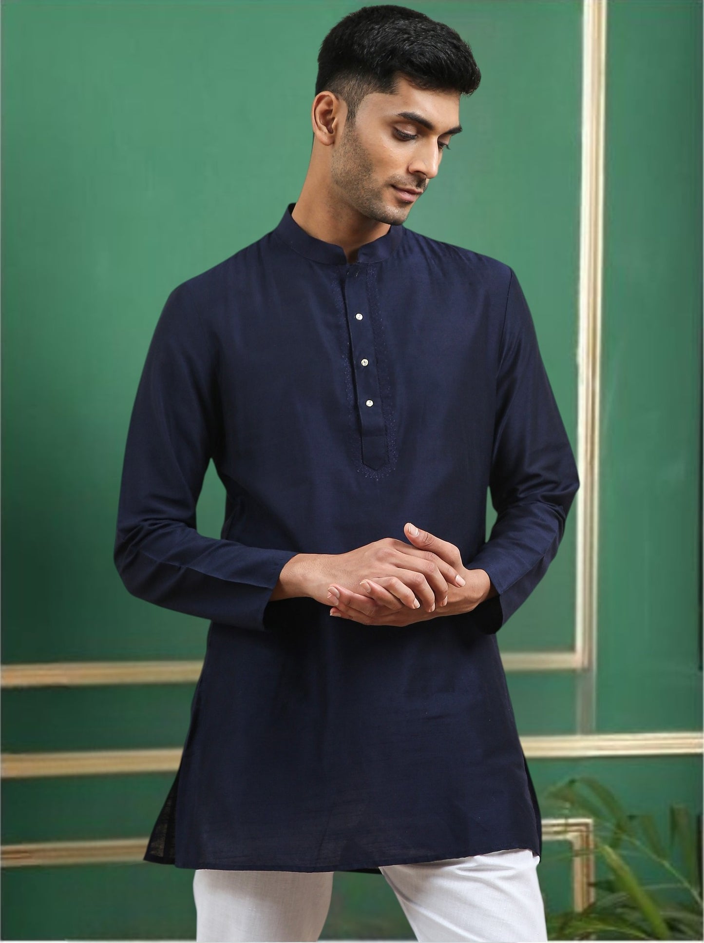 Tattva Navy Blue Toned Embroidered Cotton Short Kurta