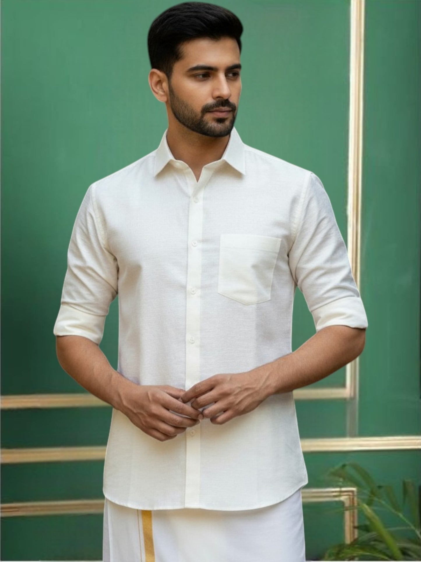 Cream Color Art Silk Slim Fit Solid Party Shirt