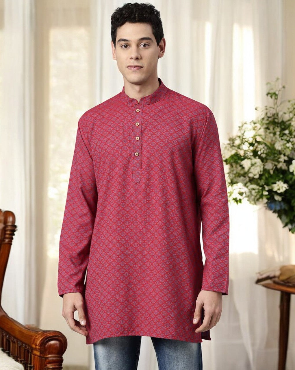 Tattva Men Red Geometric Print Cotton Blend Straight Kurta