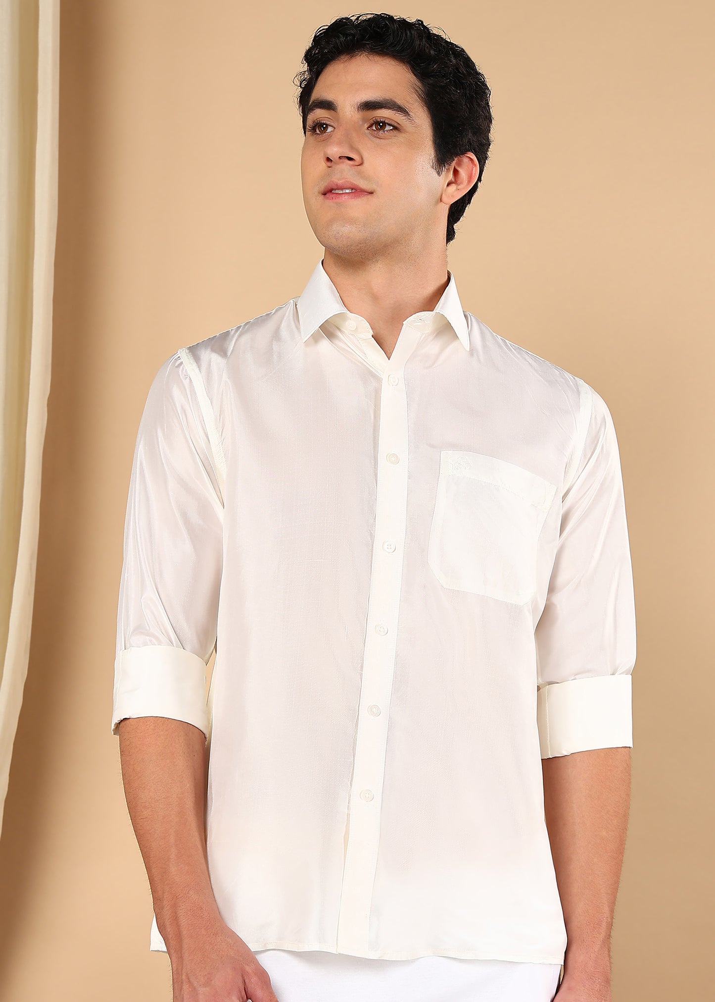 Tattva Men Off White Pure Silk Solid Opaque Shirt