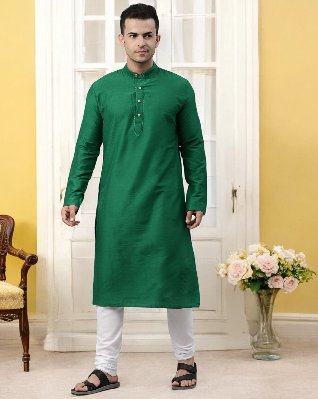 Tattva Green Color Cotton Long Kurta With Pyjamas