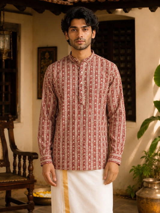 Tattva Men Floral Printed Woven Thread Super Short Kurta