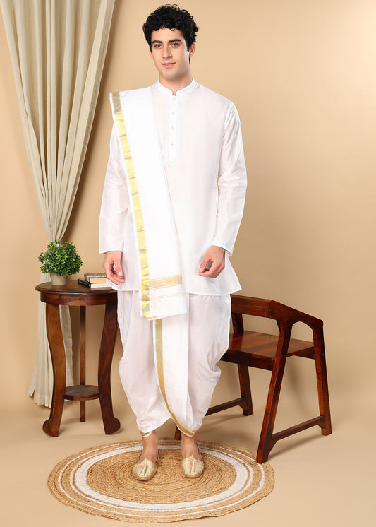 Tattva Thread Work Mandarin Collar Pure Silk Straight Kurta With Dhoti Pant And Shalya