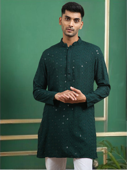 Tattva Dark Green Toned chikankari Cotton Short Kurta
