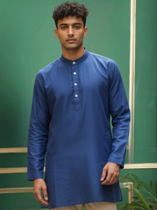 Blue Cotton Straight Short Kurta