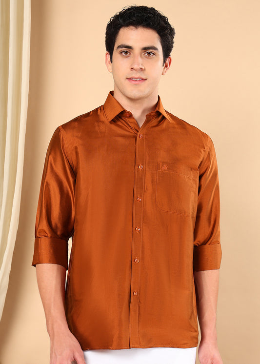 Tattva Men Copper Red Toned Pure Silk Solid Opaque Shirt