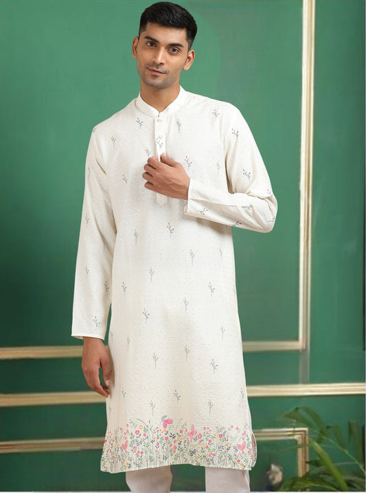 Tattva Men Ethnic Motifs and Daman Printed Sequence Threadwork Kurta Pyjama Set