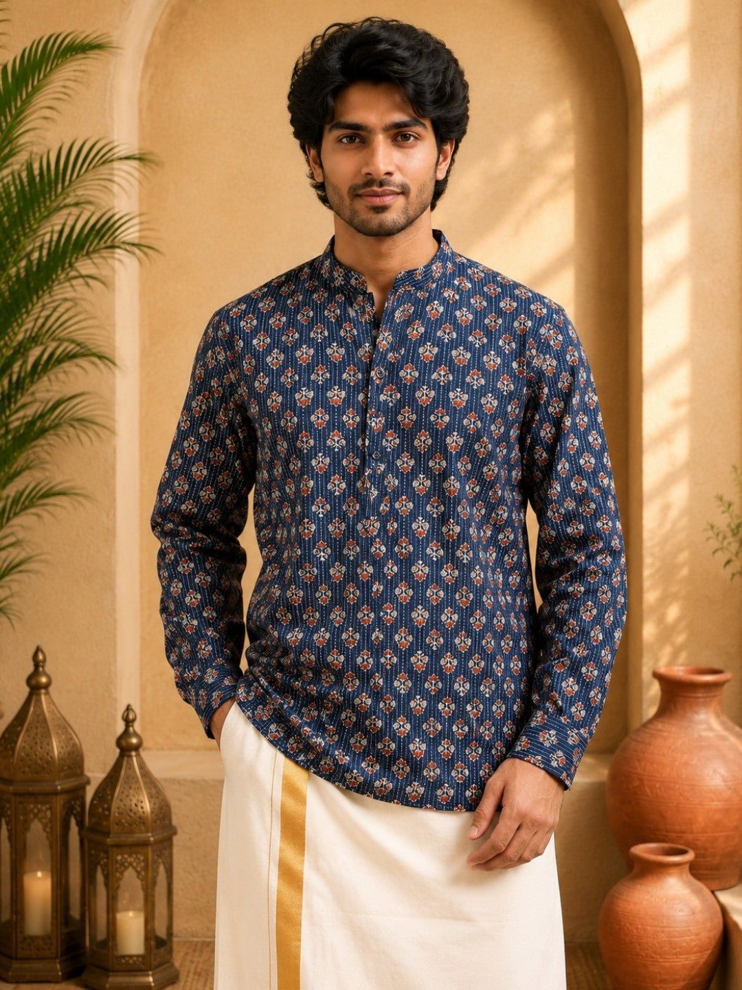 Tattva Men Floral Printed Woven Thread Super Short Kurta