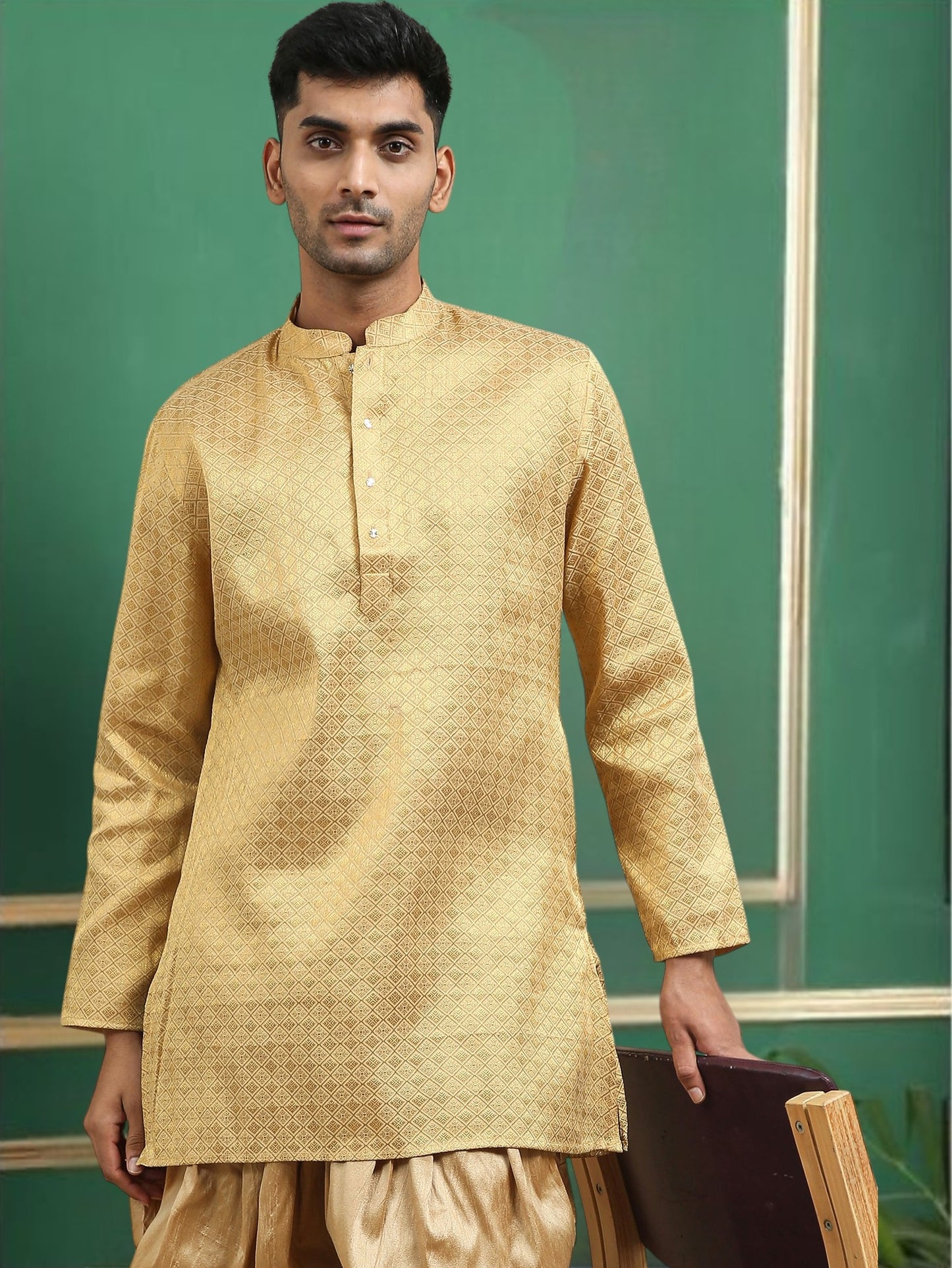 Tattva Gold Toned brocade Polyster Short Kurta
