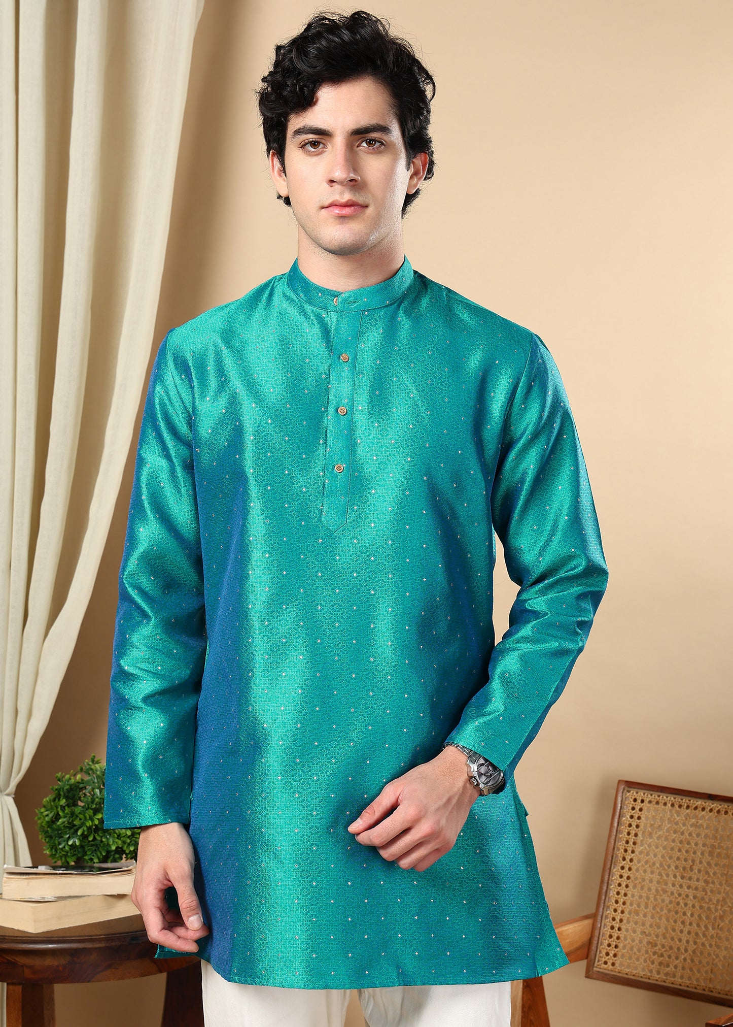 Tattva Peacock Blue Toned Embellished Short Kurta