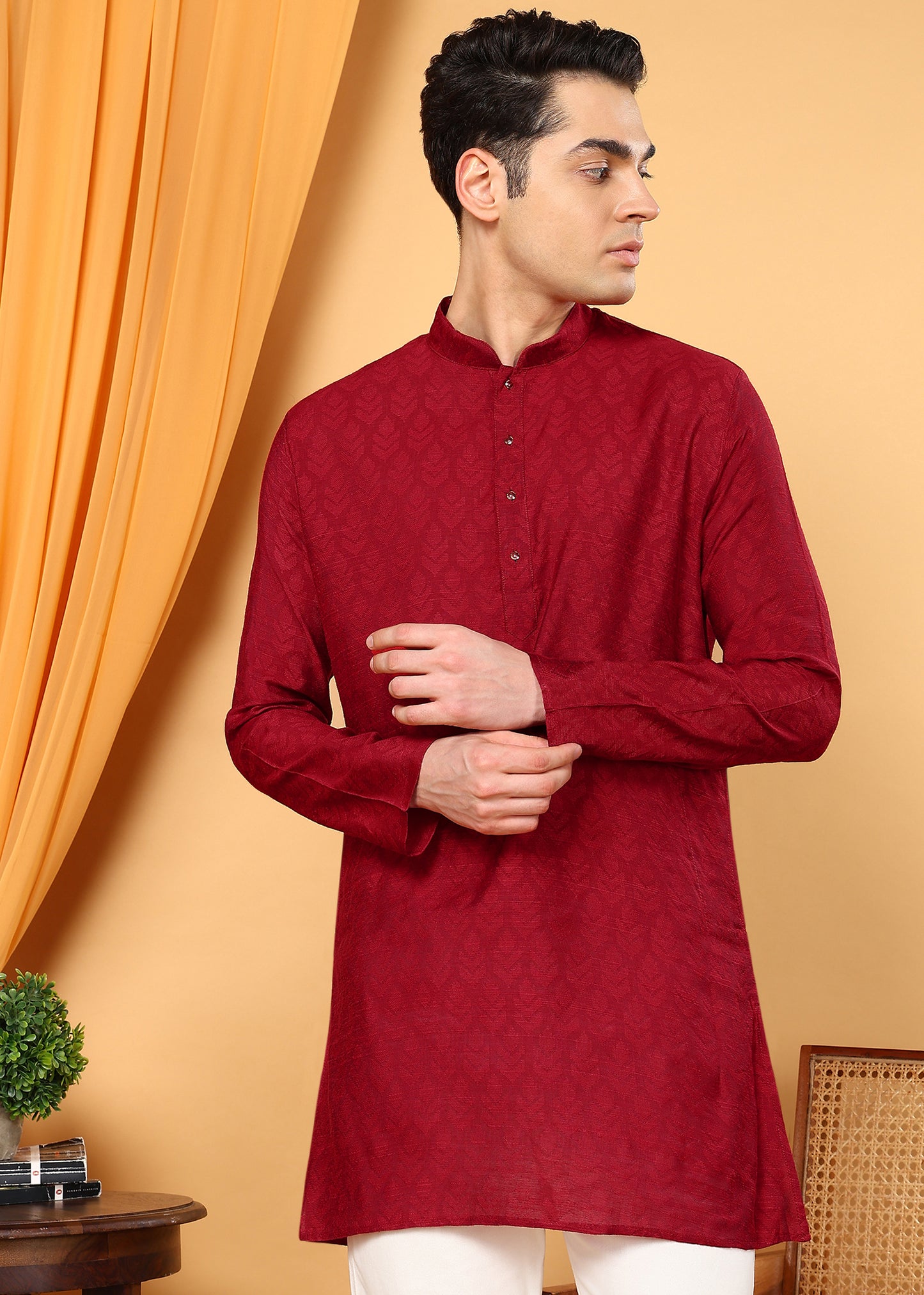 Tattva Men Maroon Colored Floral Embroidered Short Kurta