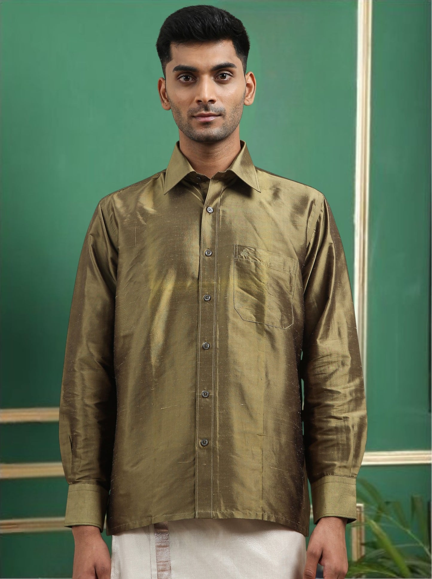 Tattva Men Olive Toned Pure Silk Shirt