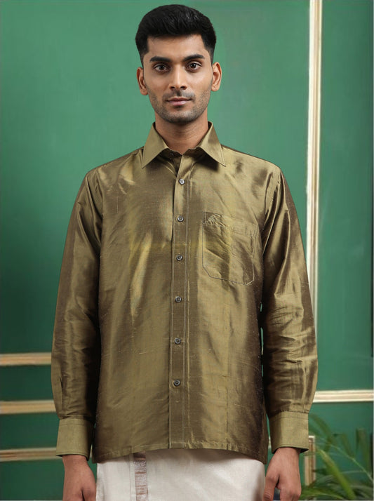 Tattva Men Olive Toned Pure Silk Shirt