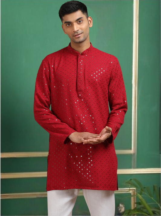 Tattva Red Toned Chikankari Short Kurta