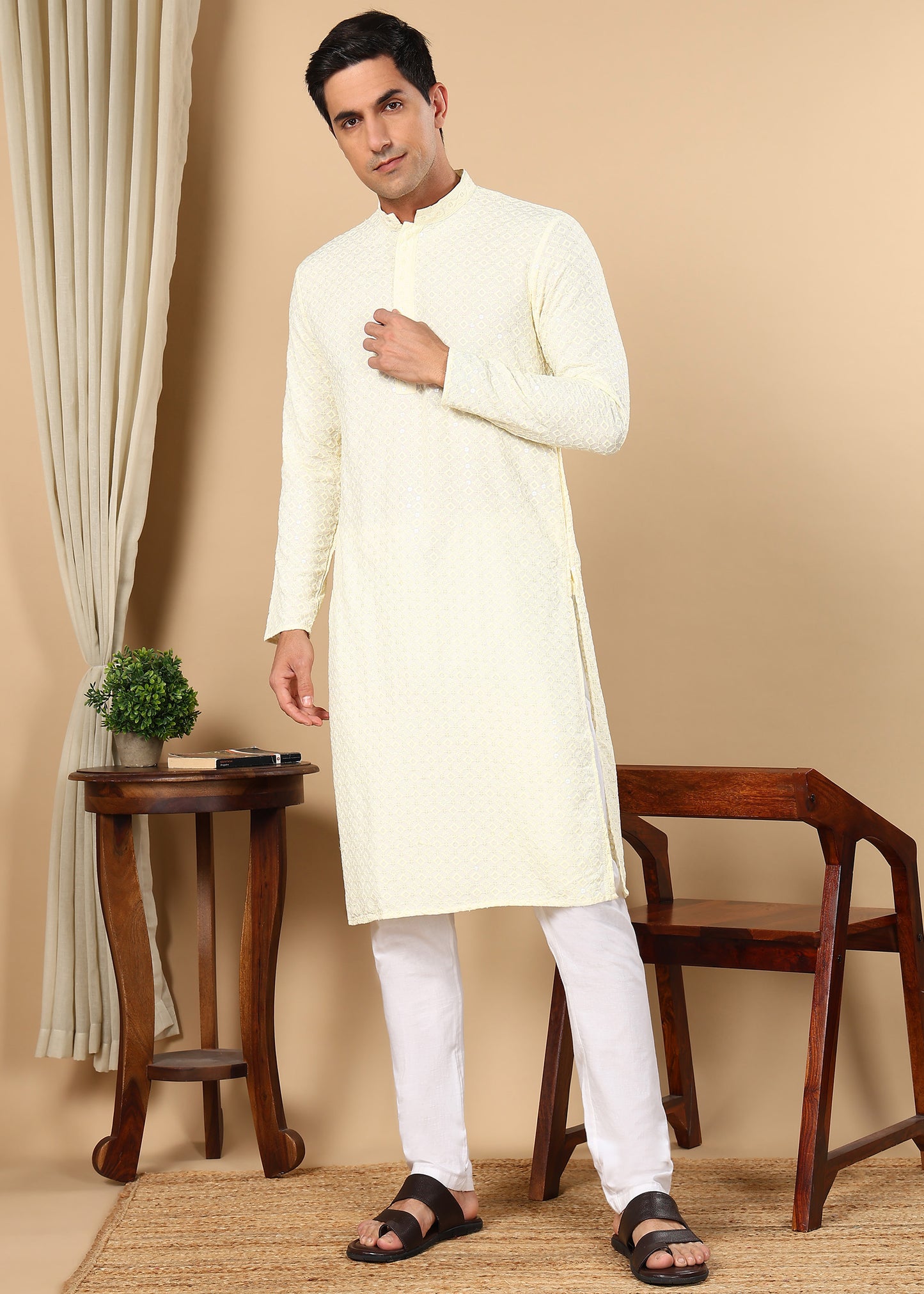 Tattva Men Woven Design Polyester Straight Kurta Set