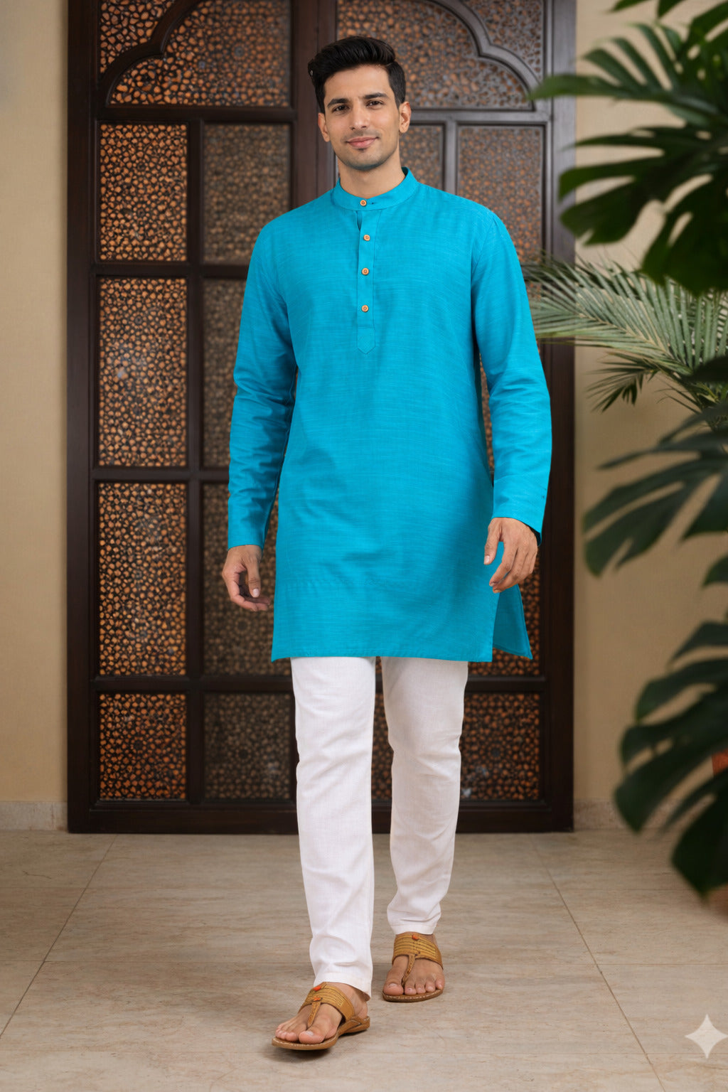 Tattva Men Solid Pure Cotton Short Kurta with Mandarin Collar