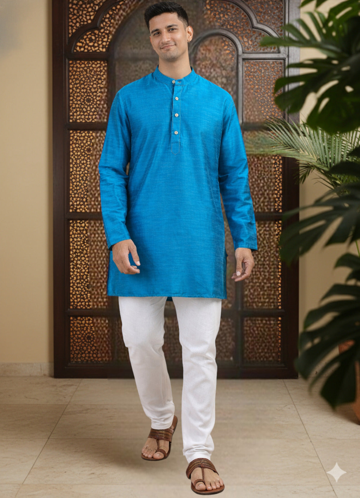 Tattva Men Solid Pure Cotton Short Kurta with Mandarin Collar