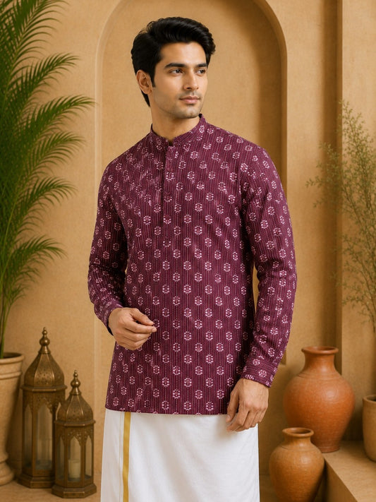 Tattva Men Floral Printed Woven Thread Super Short Kurta