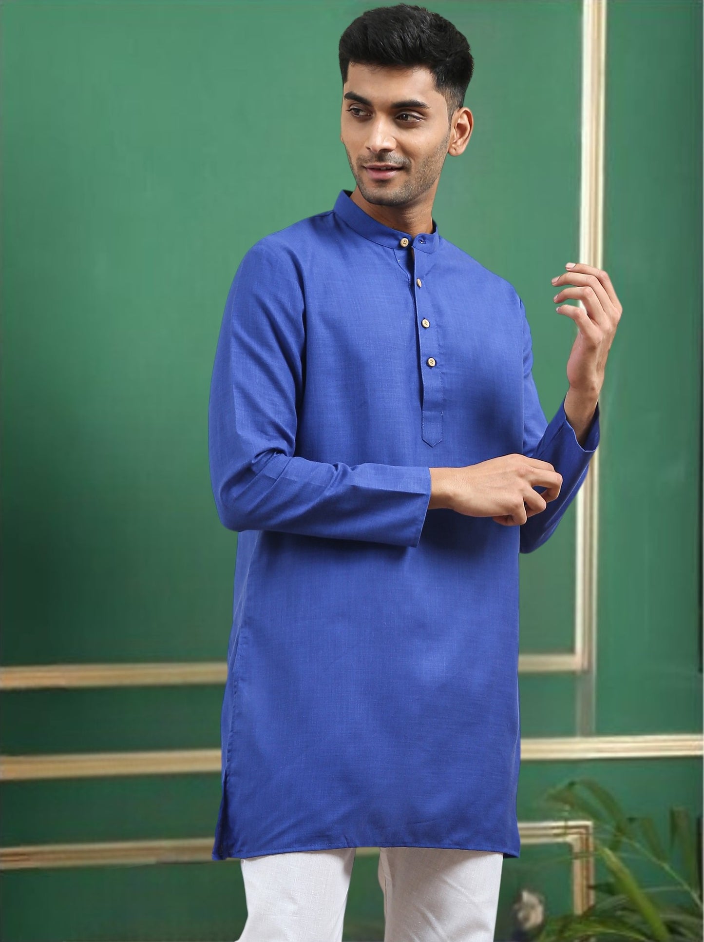 Tattva Navy Blue Toned Solid Cotton Short Kurta