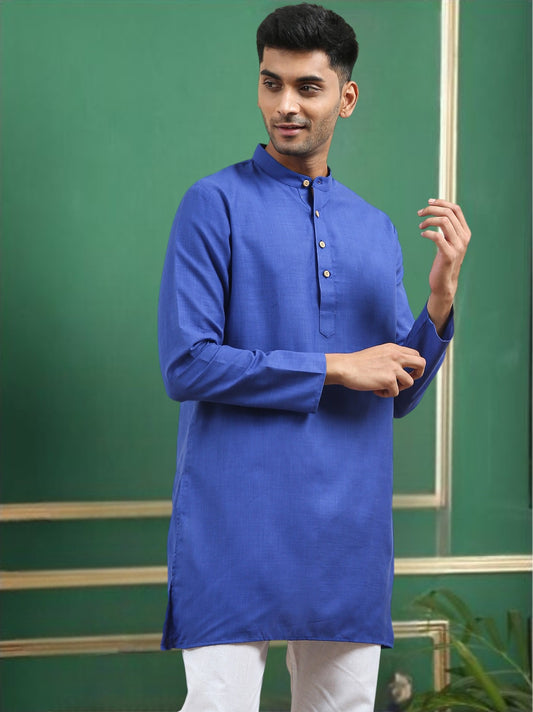 Tattva Navy Blue Toned Solid Cotton Short Kurta