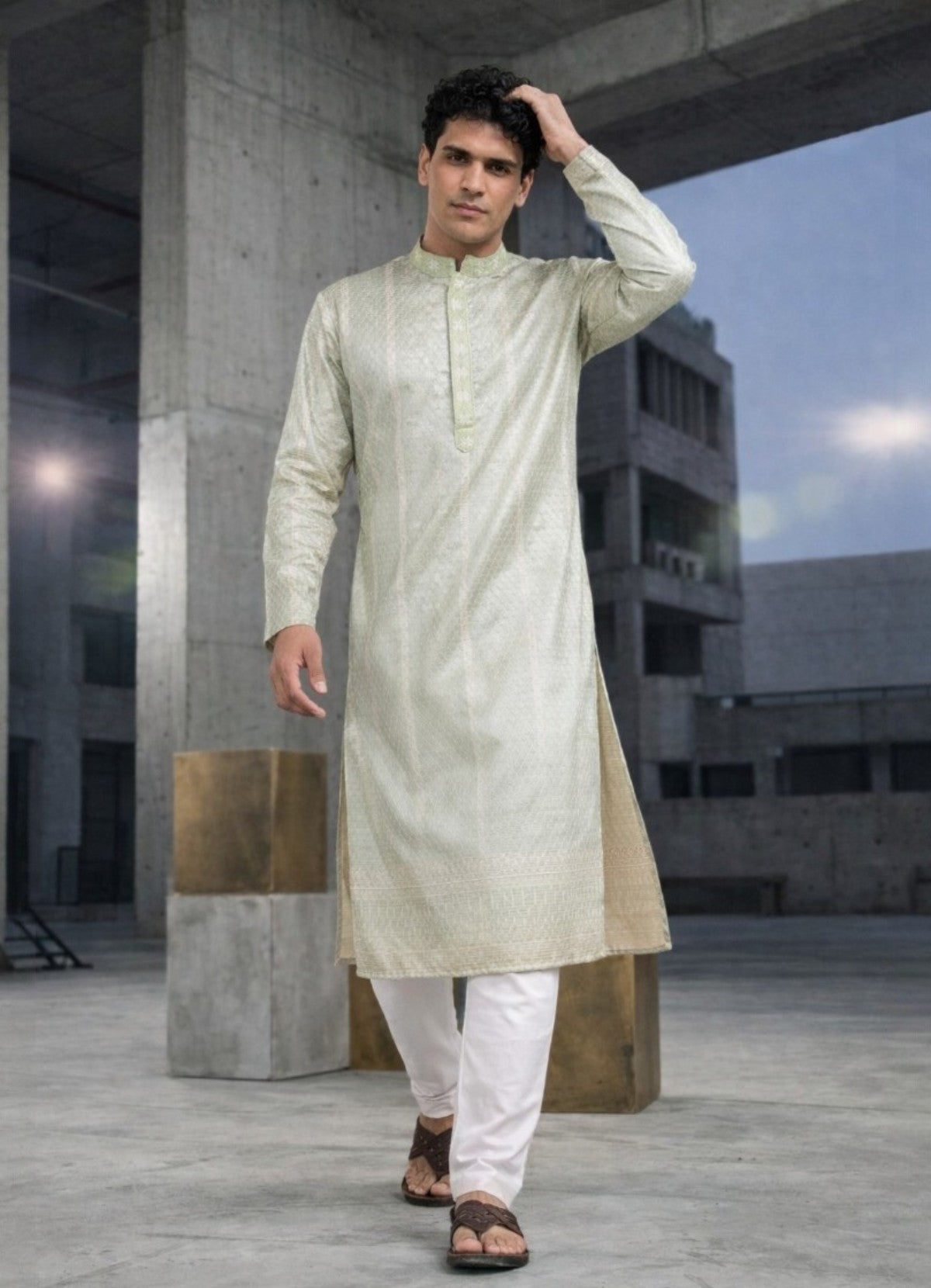 Tattva Woven Diamond Motif Sage Green Festive Kurta Set