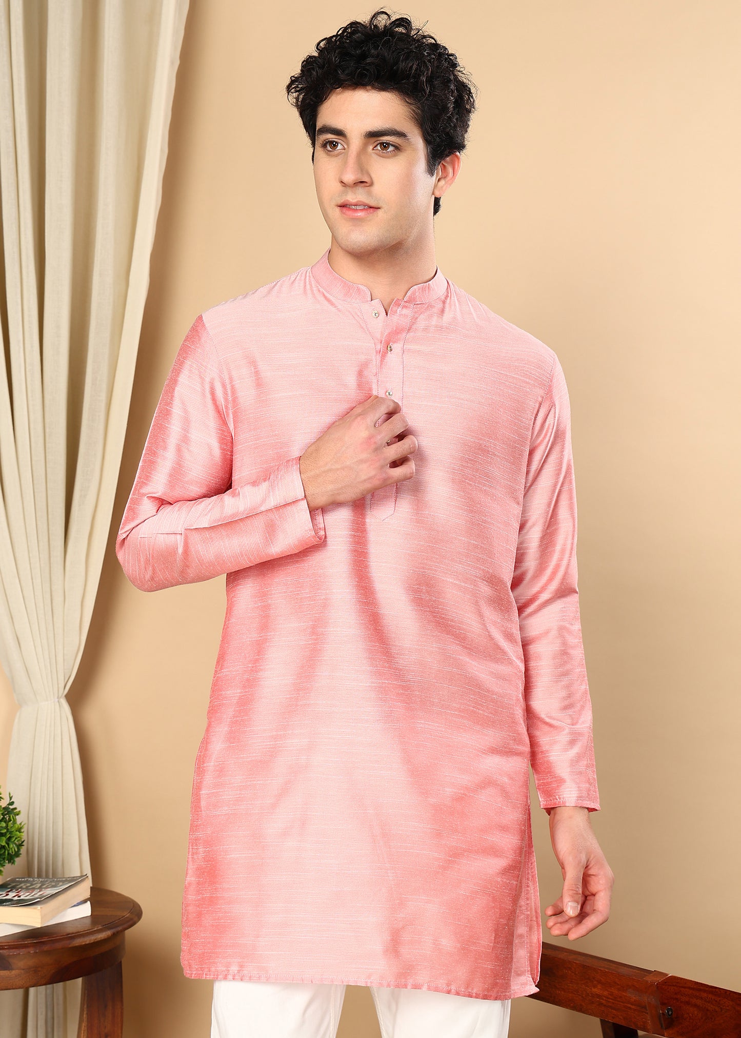 Tattva Peach Toned Solid Short Straight Kurta