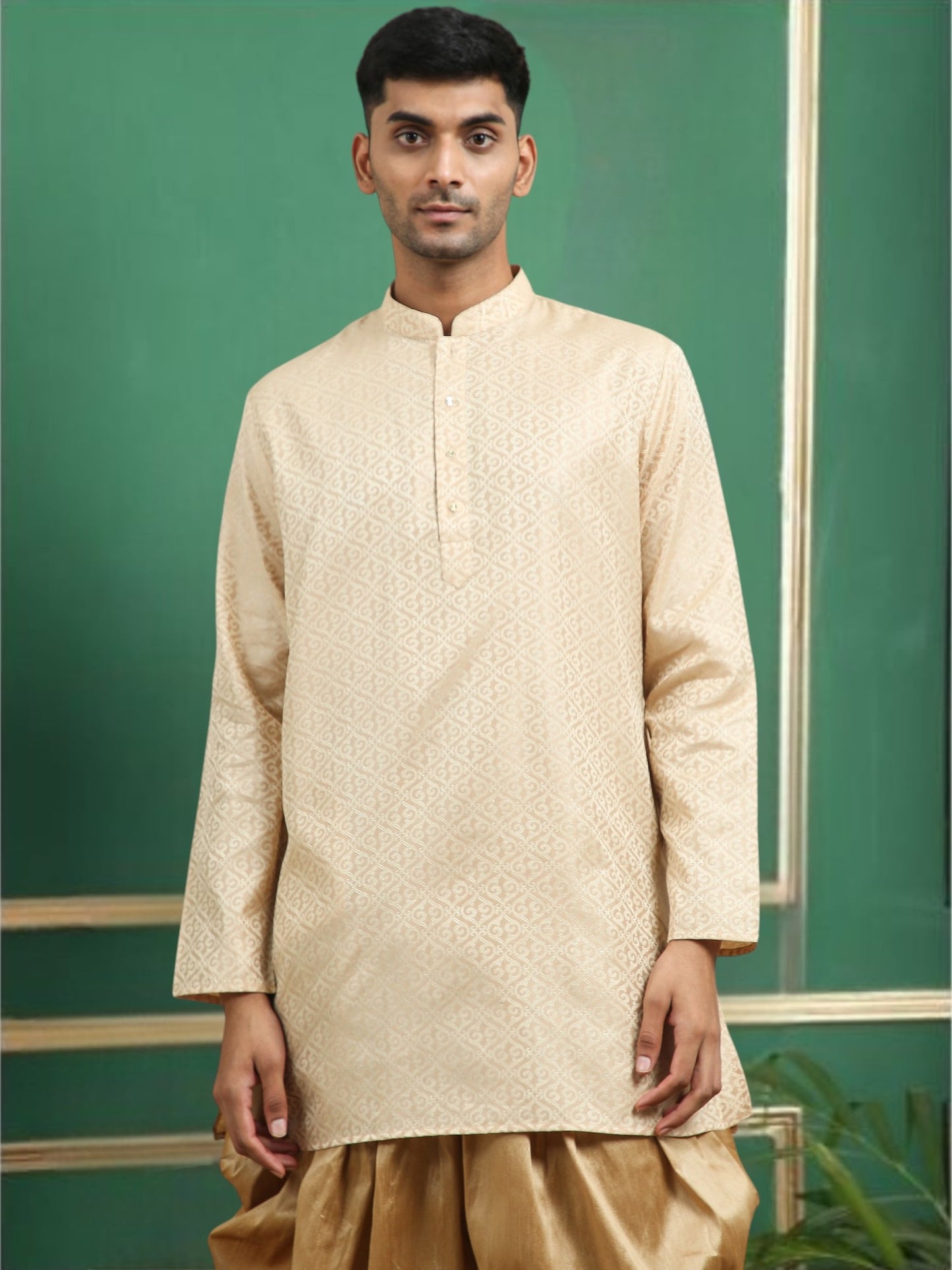 Tattva Gold Toned jaquard Polyster Short Kurta