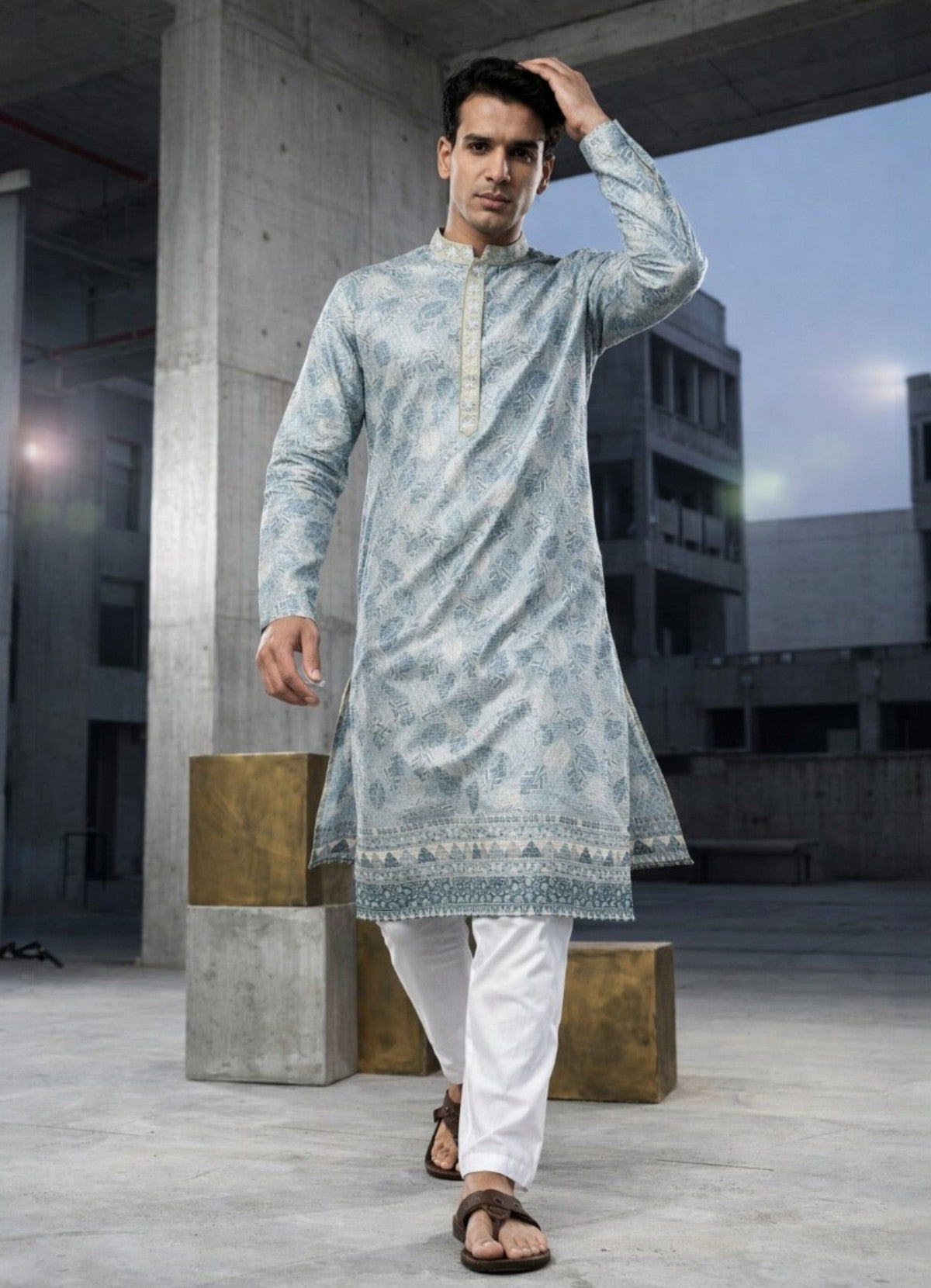 Tattva Woven Diamond Motif Grey Festive Kurta Set