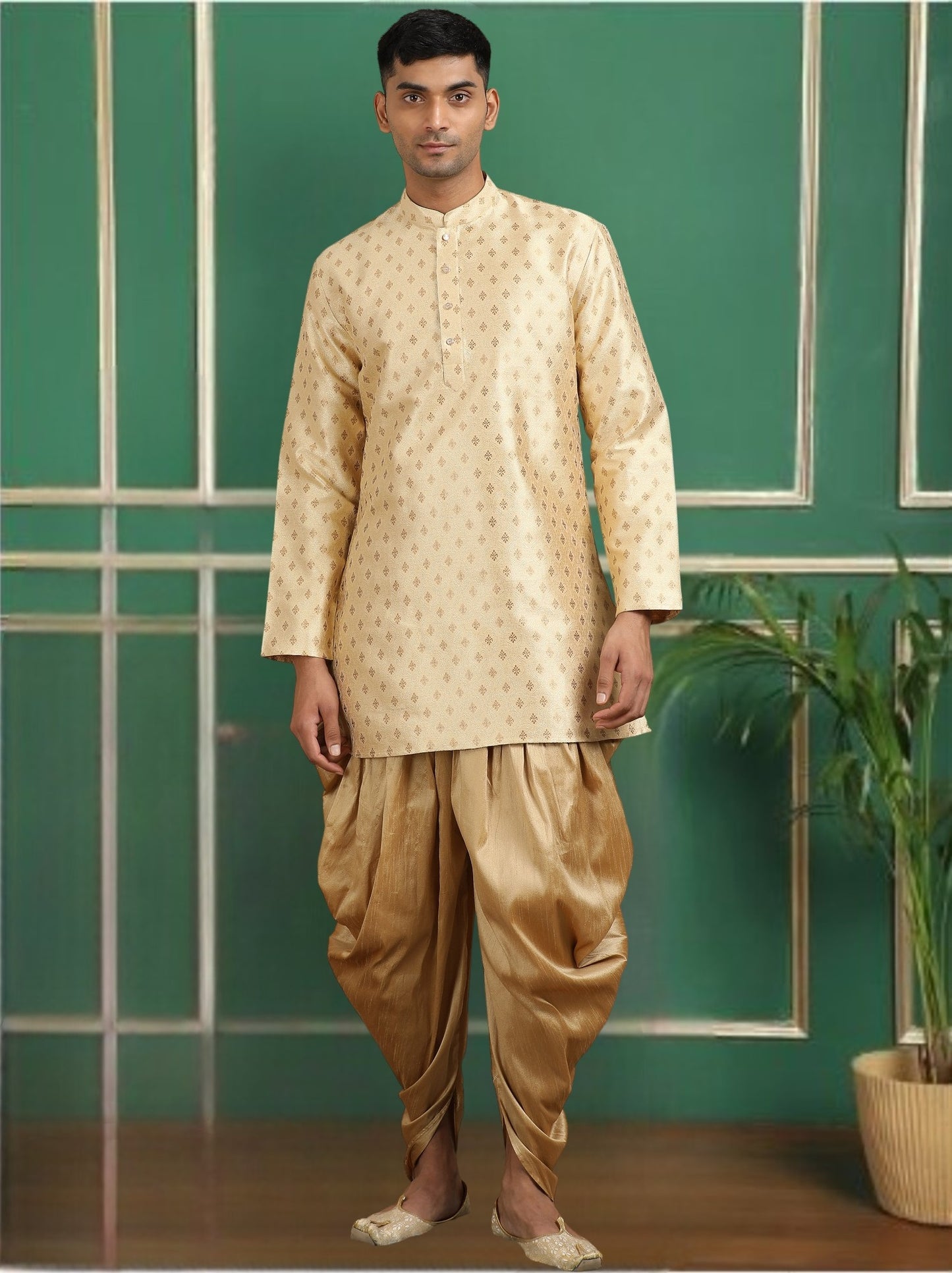 Tattva Beige Toned Jacquard Short Kurta