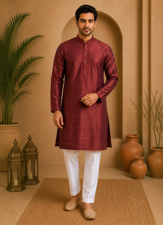 Tattva Rust Mandarin Collar Thread Work Pure Silk Straight Short Kurta