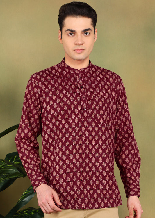 Tattva Men Maroon Short Kurta