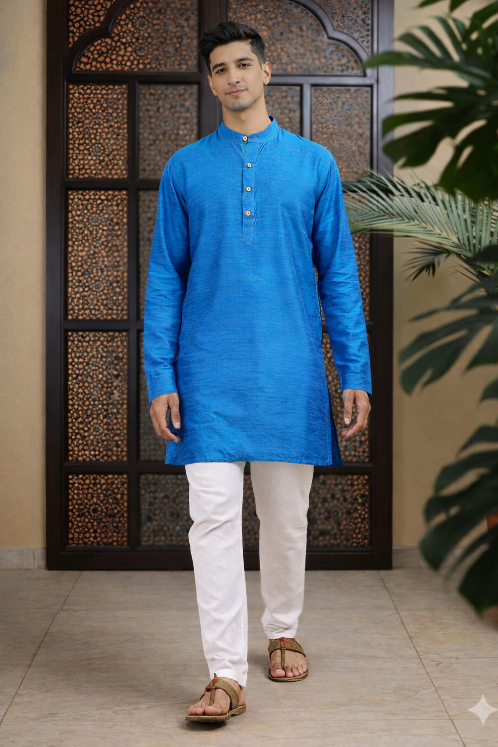 Tattva Men Solid Pure Cotton Short Kurta with Mandarin Collar