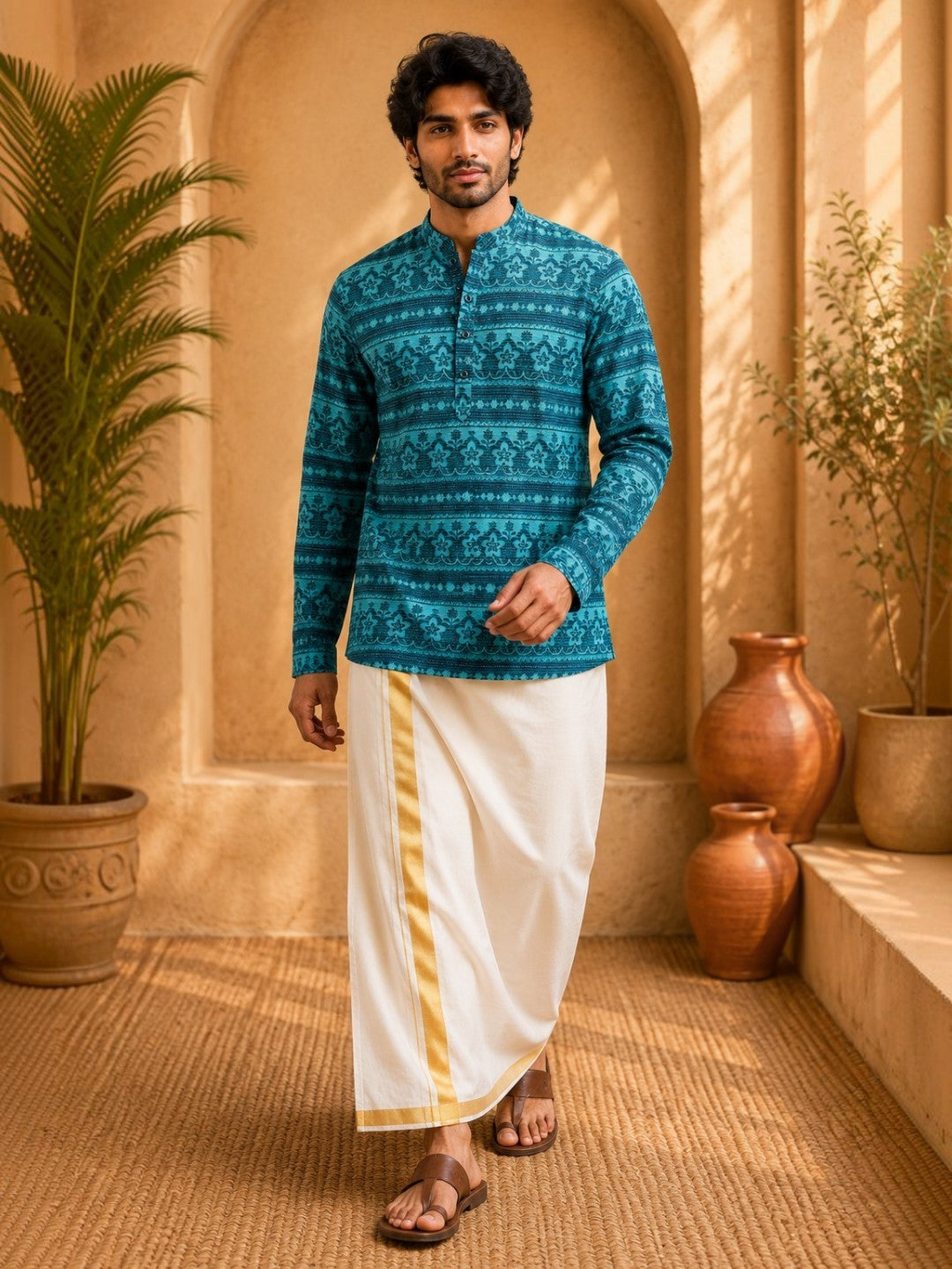 Tattva Men Floral Printed Woven Thread Super Short Kurta