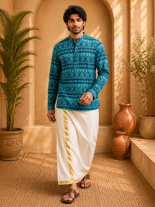 Tattva Men Floral Printed Woven Thread Super Short Kurta